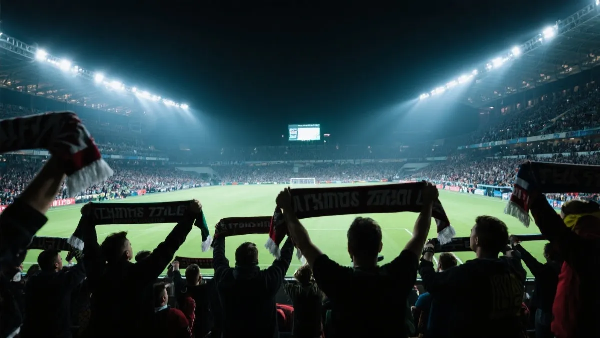 球迷在夜晚挥舞围巾回放世界杯全场录像