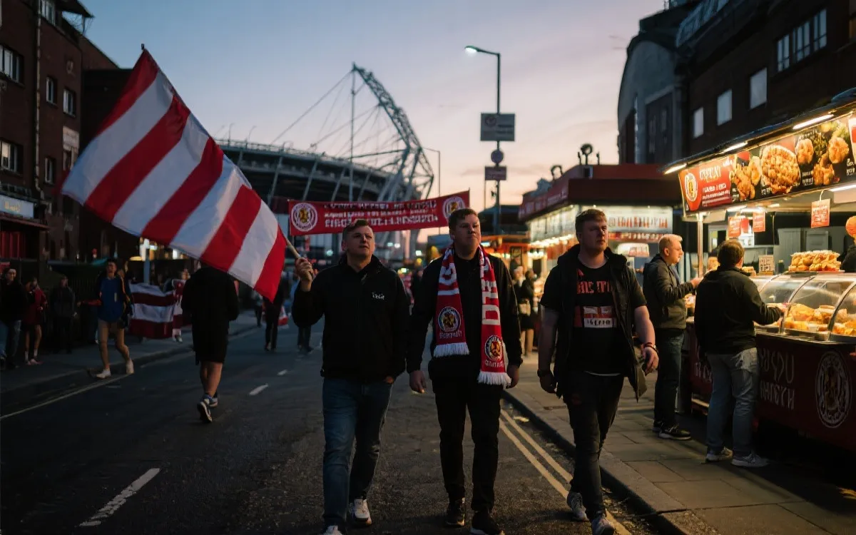 比赛日城市街区：球迷步行前往球场，路边餐车与旗帜，傍晚光线